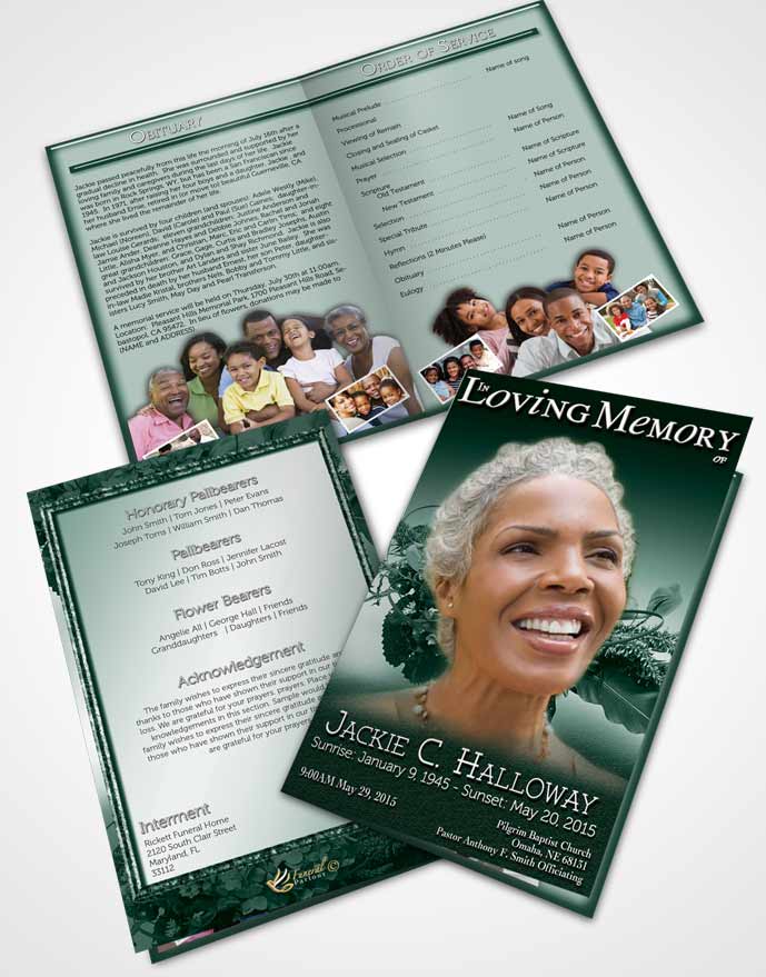 Bifold Order Of Service Obituary Template Brochure A Beautiful Emerald Bouquet