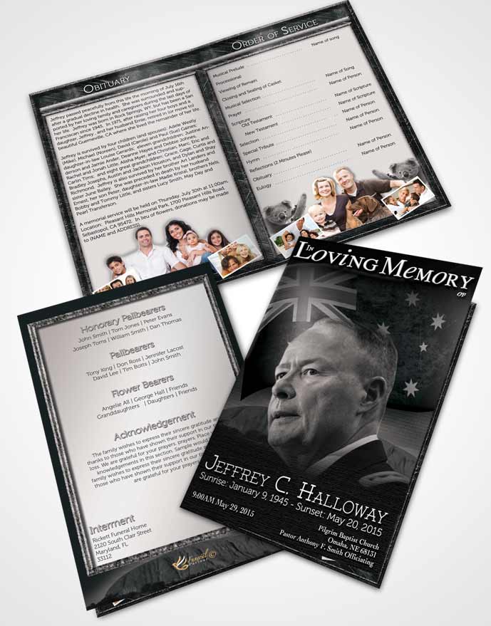 australian desire/Bifold Order Of Service Obituary Template Brochure Australian Black and White Desire