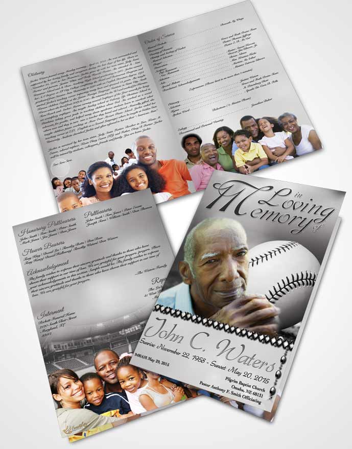 Bifold Order Of Service Obituary Template Brochure Baseball Day Black and White