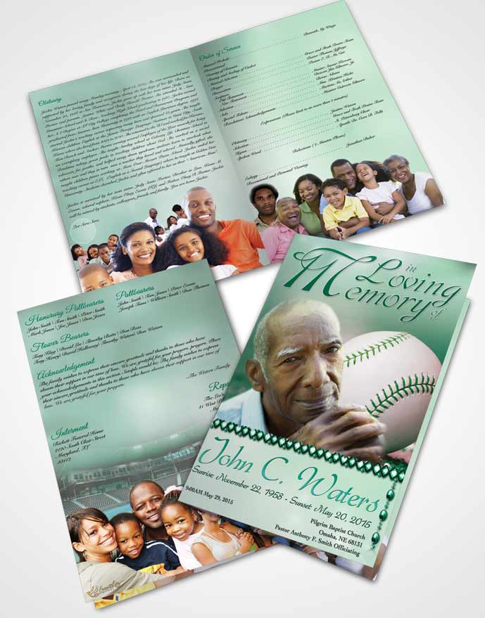 Bifold Order Of Service Obituary Template Brochure Baseball Day Emerald Love