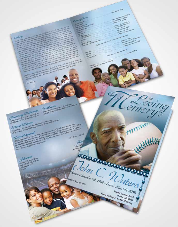 Bifold Order Of Service Obituary Template Brochure Baseball Day Ocean Blue