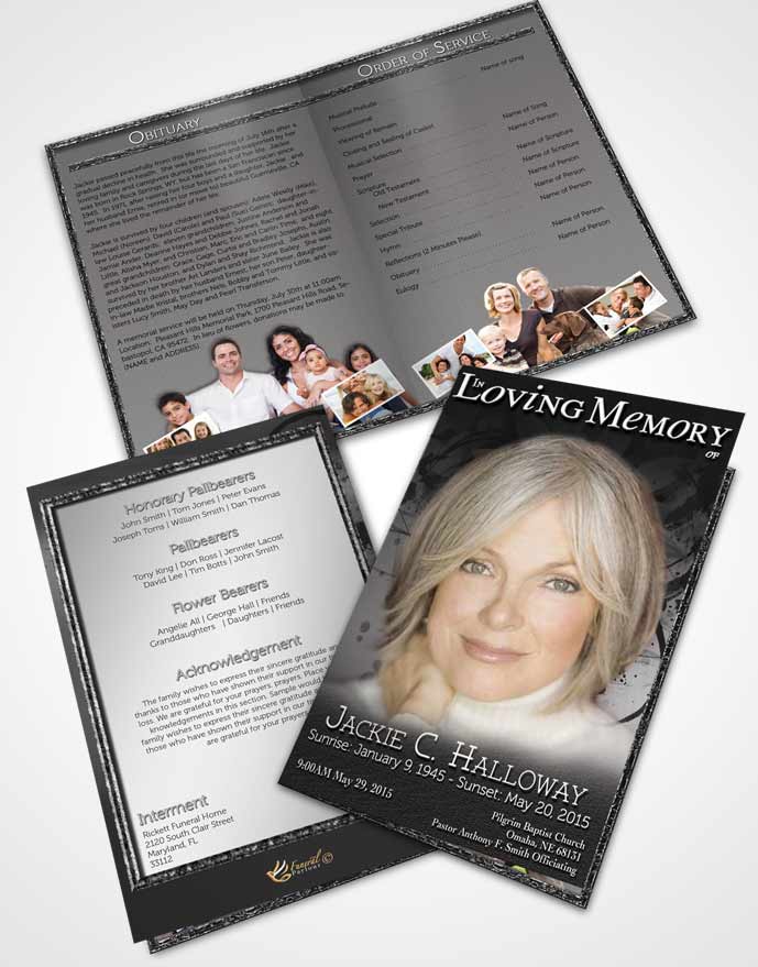 Bifold Order Of Service Obituary Template Brochure Black and White Artistic Bouquet