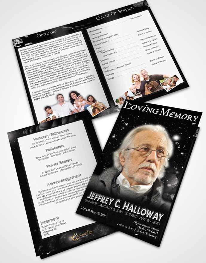 Bifold Order Of Service Obituary Template Brochure Black and White Astronomers Sky