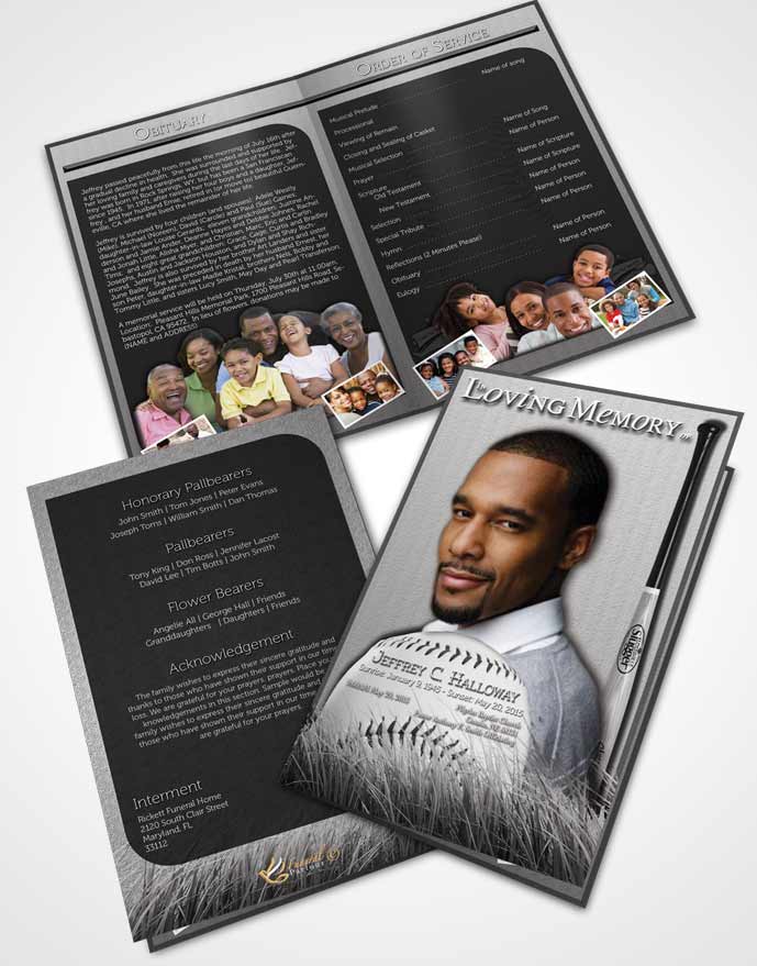 Bifold Order Of Service Obituary Template Brochure Black and White Baseball Star Dark