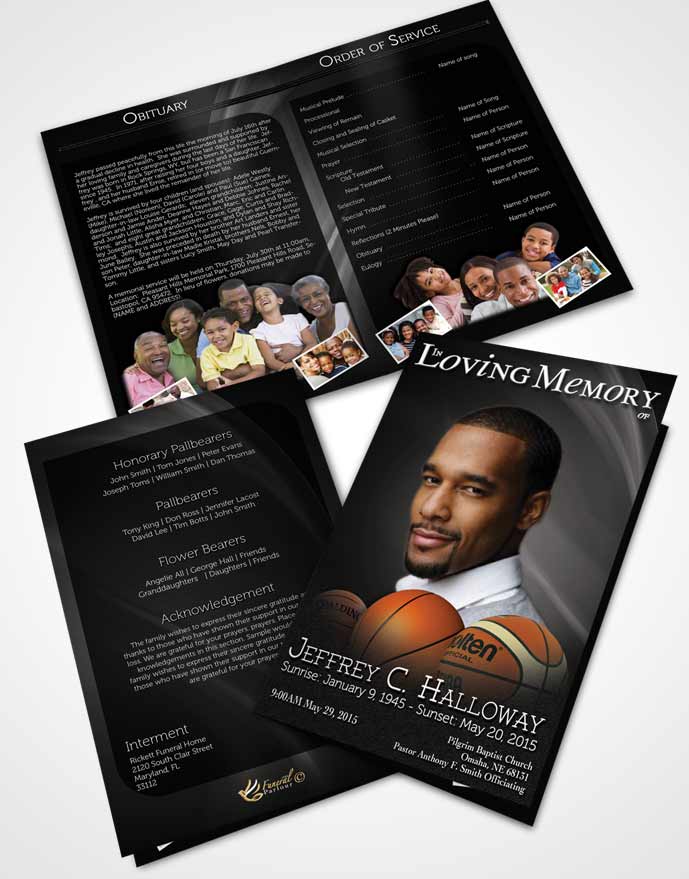 Bifold Order Of Service Obituary Template Brochure Black and White Basketball Lover Dark
