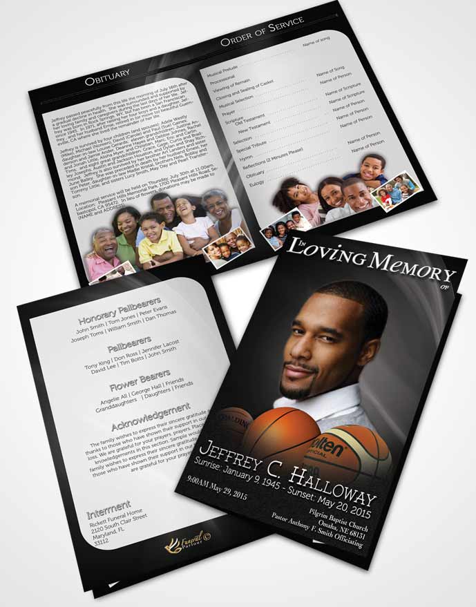 Bifold Order Of Service Obituary Template Brochure Black and White Basketball Lover Light
