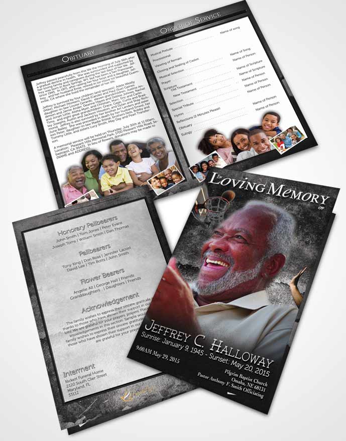 Bifold Order Of Service Obituary Template Brochure Black and White Basketball Star