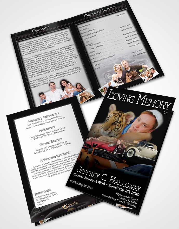 Bifold Order Of Service Obituary Template Brochure Black and White Car Enthusiast