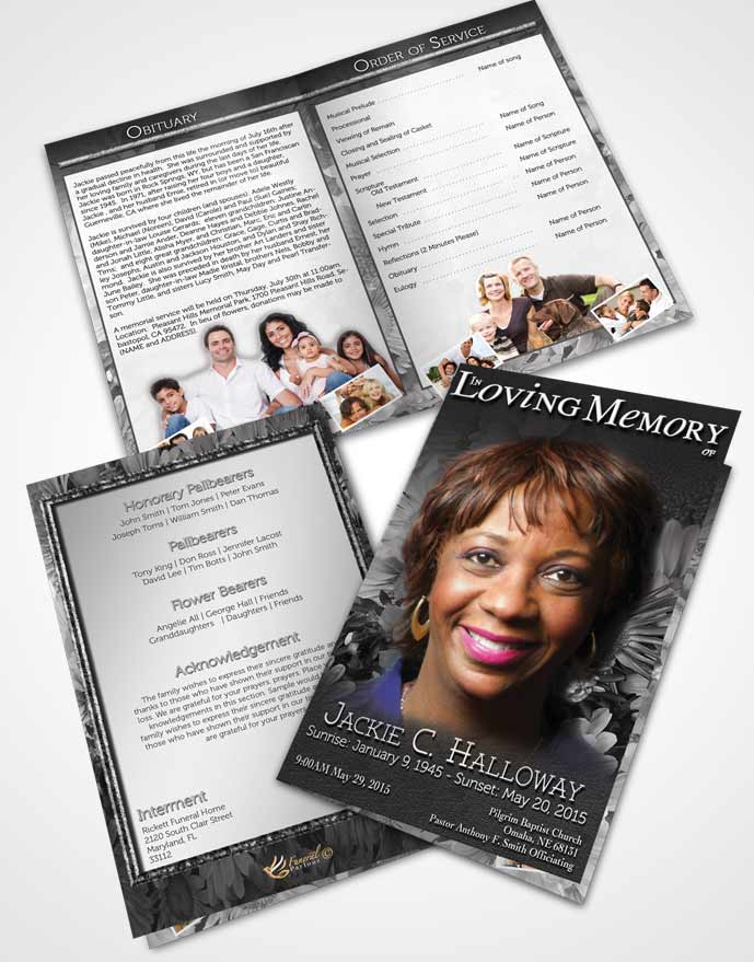 Bifold Order Of Service Obituary Template Brochure Black and White Dream Flower