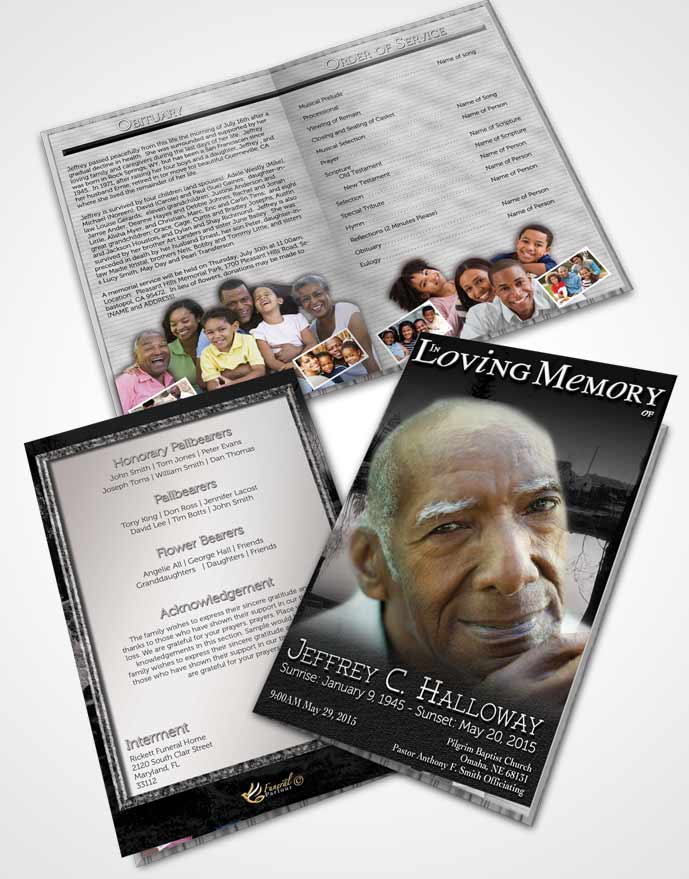 Bifold Order Of Service Obituary Template Brochure Black and White Fall Getaway
