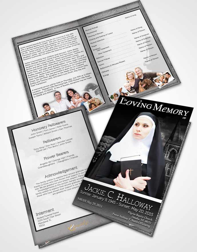 Bifold Order Of Service Obituary Template Brochure Black and White Heavenly Nun