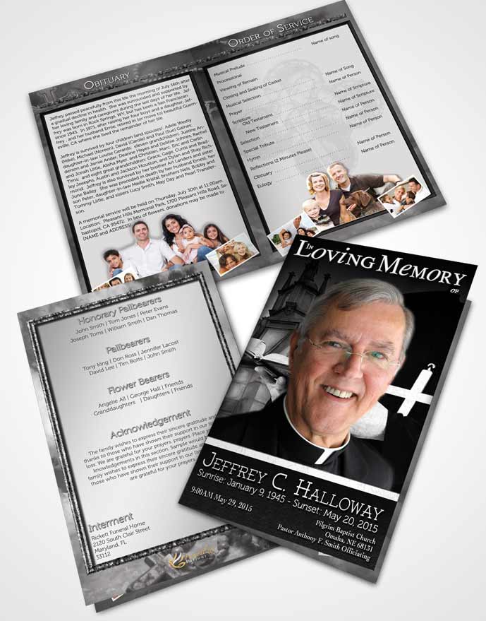 Bifold Order Of Service Obituary Template Brochure Black and White Heavenly Priest