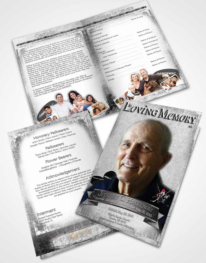 Bifold Order Of Service Obituary Template Brochure Black and White Hockey Star