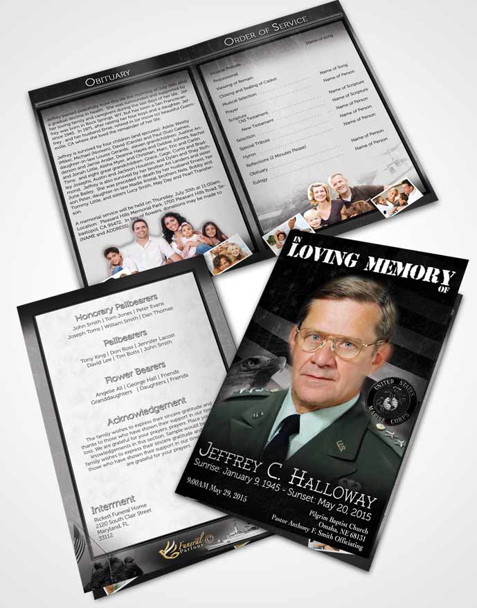 Bifold Order Of Service Obituary Template Brochure Black and White Marine Salute.jpg
