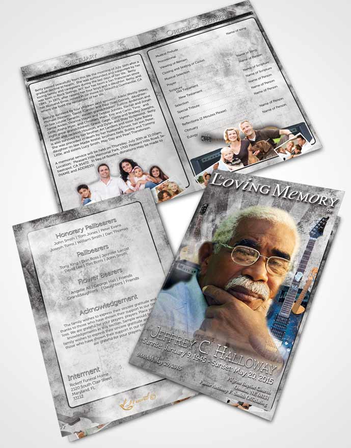 Bifold Order Of Service Obituary Template Brochure Black and White Musician