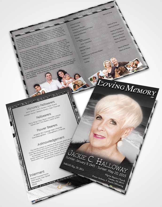 Bifold Order Of Service Obituary Template Brochure Black and White Ocean Beach