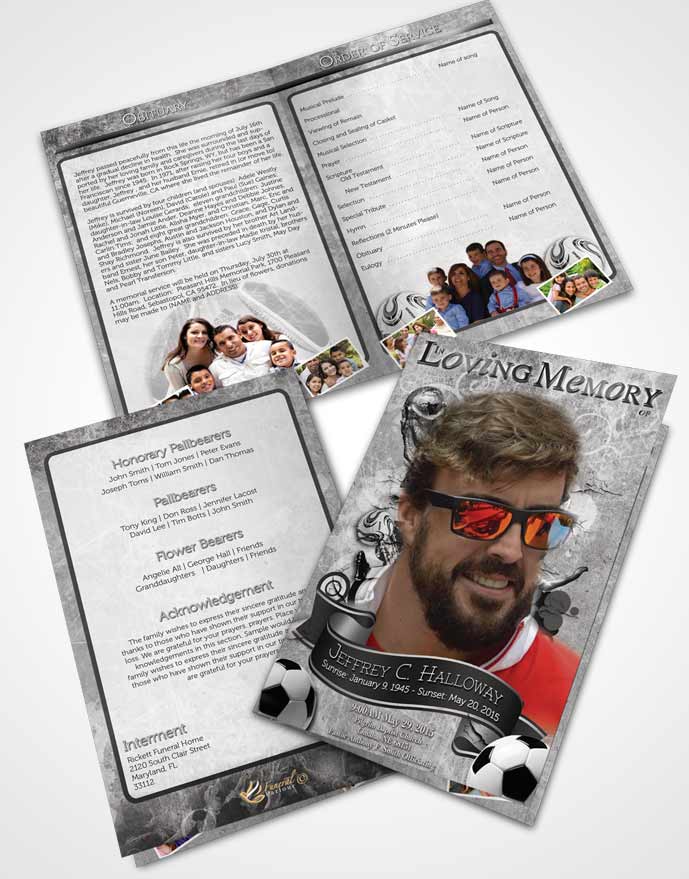 Bifold Order Of Service Obituary Template Brochure Black and White Soccer Superstar