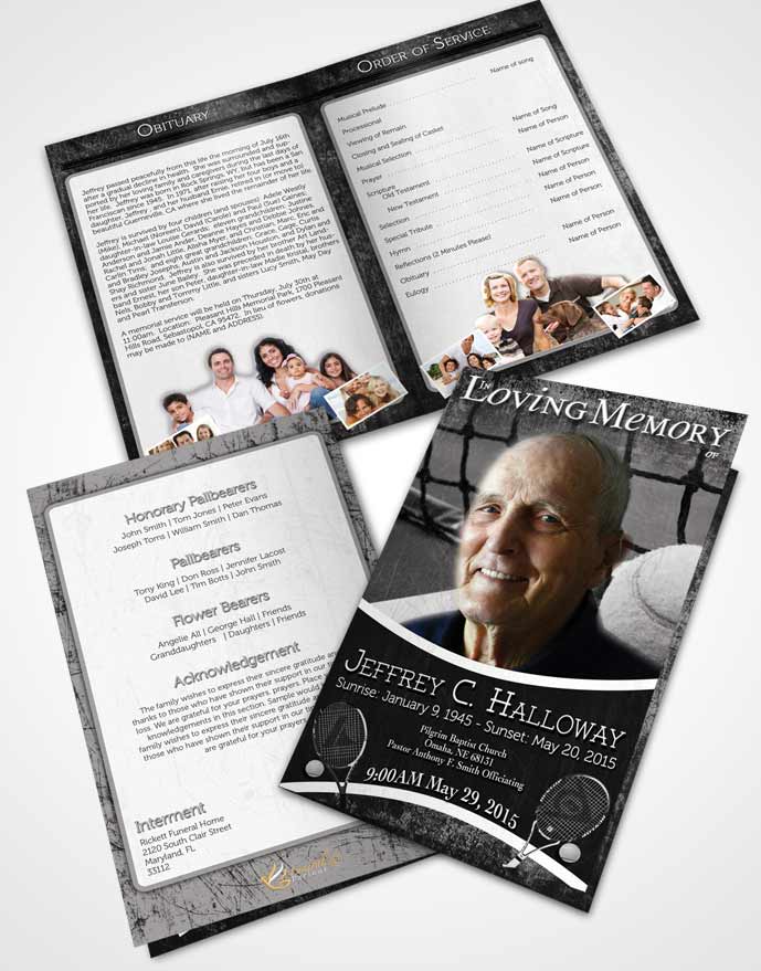 Bifold Order Of Service Obituary Template Brochure Black and White Tennis Star
