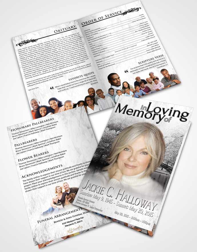 Bifold Order Of Service Obituary Template Brochure Black and White Winter Paradise