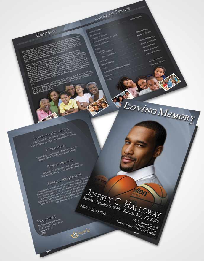 Bifold Order Of Service Obituary Template Brochure Blue Serenity Basketball Lover Dark