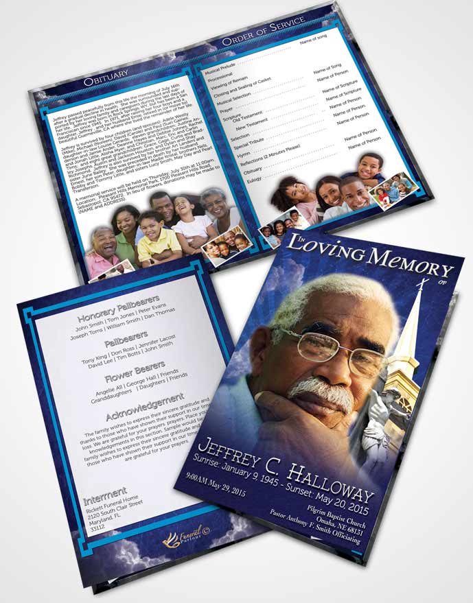 Bifold Order Of Service Obituary Template Brochure Blue Summer Christian Faith