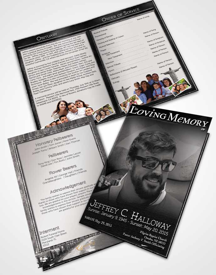 Bifold Order Of Service Obituary Template Brochure Brazilian Black and White Bliss