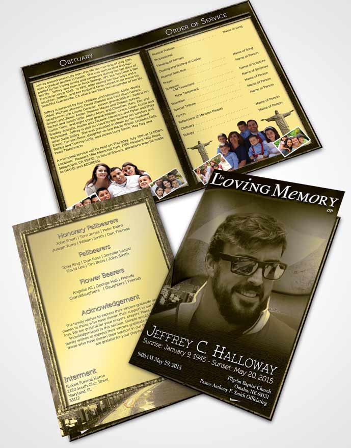 Bifold Order Of Service Obituary Template Brochure Brazilian Golden Bliss