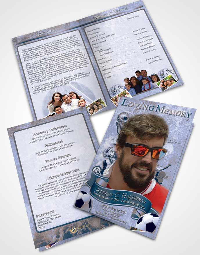 Bifold Order Of Service Obituary Template Brochure Brilliant Deep Blue Ocean Soccer Superstar