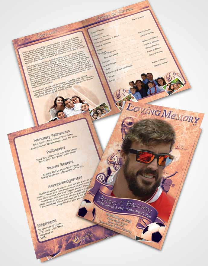 Bifold Order Of Service Obituary Template Brochure Brilliant Lavender Bliss Soccer Superstar
