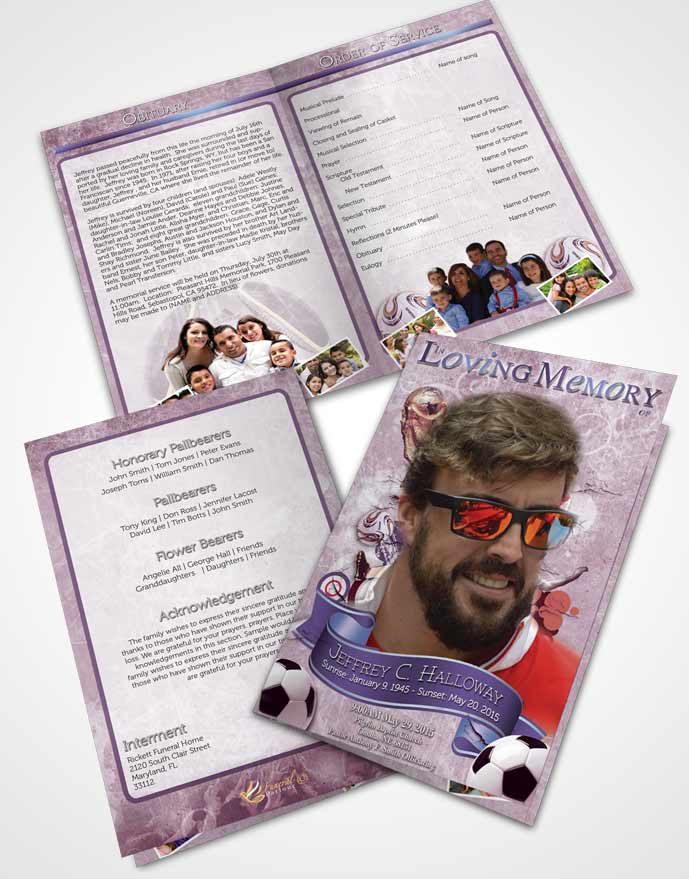 Bifold Order Of Service Obituary Template Brochure Brilliant lavender lover Soccer Superstar