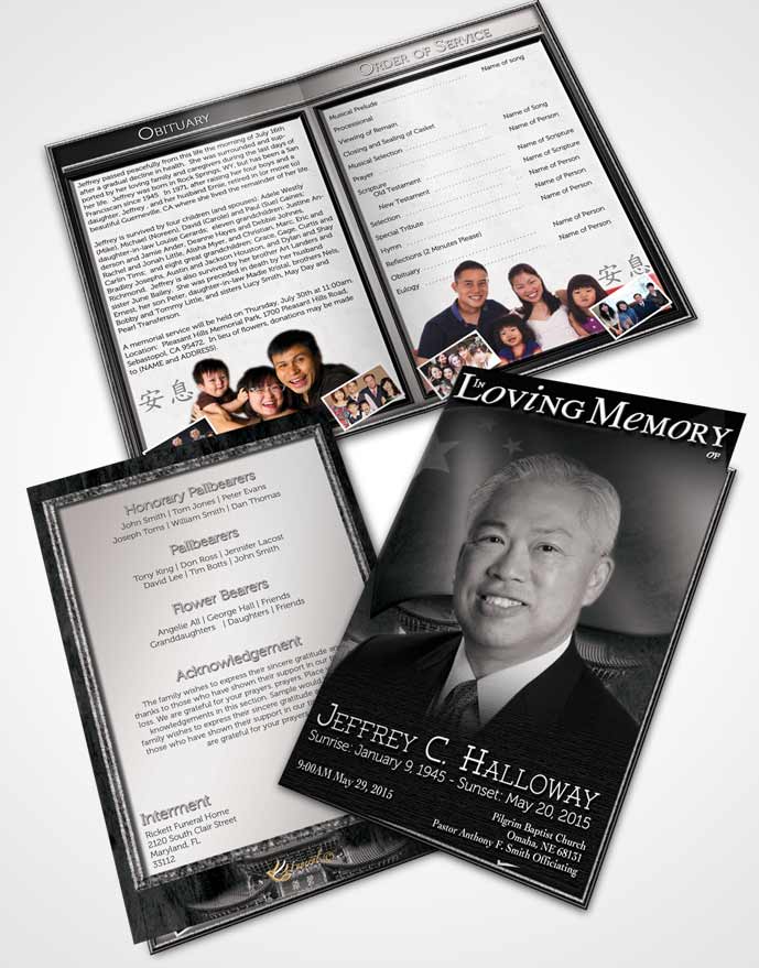 Bifold Order Of Service Obituary Template Brochure Chinese Black and White Mist