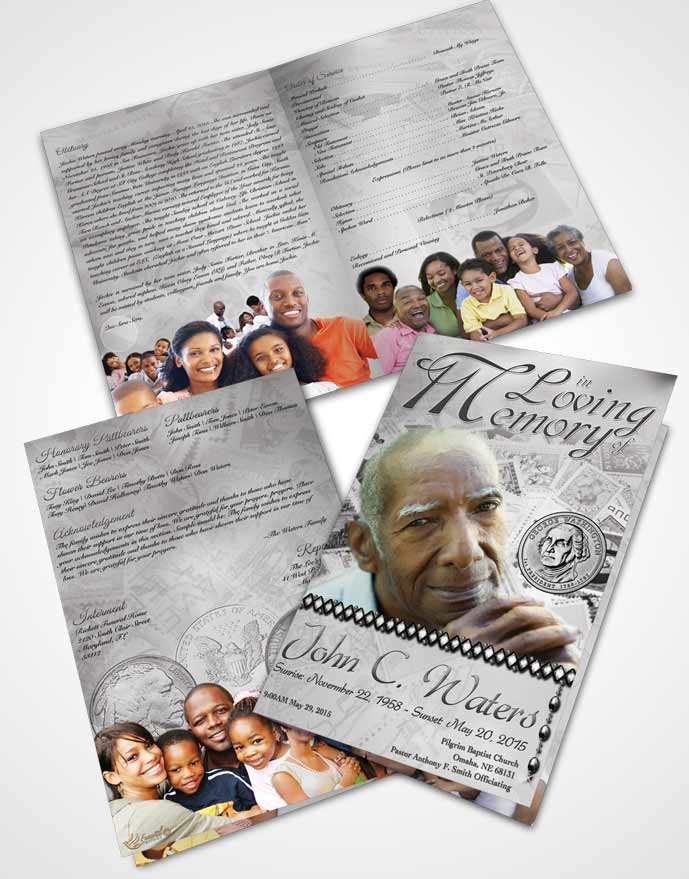 Bifold Order Of Service Obituary Template Brochure Collecting Stamps and Coins Black and White