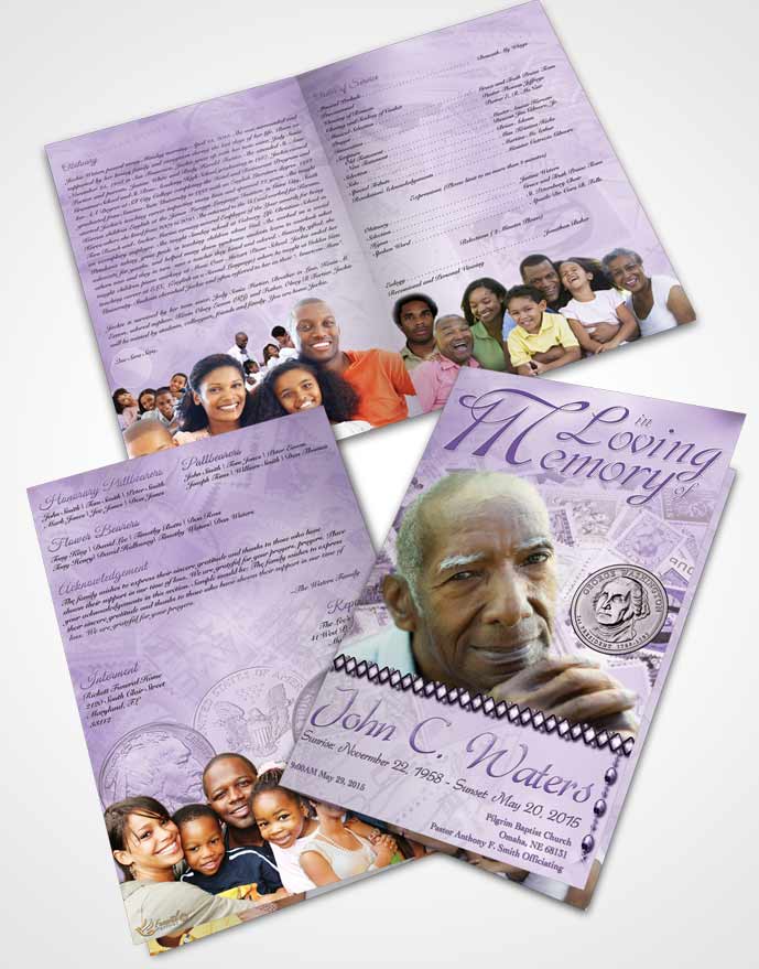 Bifold Order Of Service Obituary Template Brochure Collecting Stamps and Coins Lavender Honor