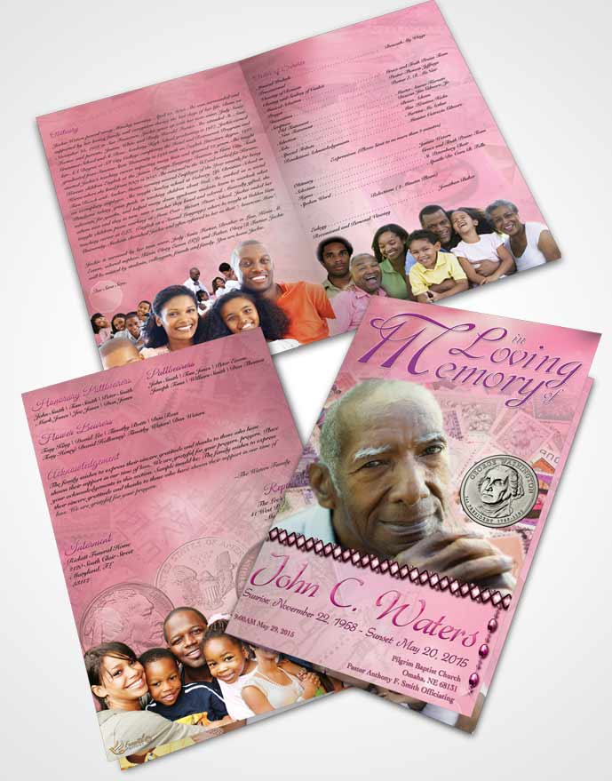 Bifold Order Of Service Obituary Template Brochure Collecting Stamps and Coins Pink Lust