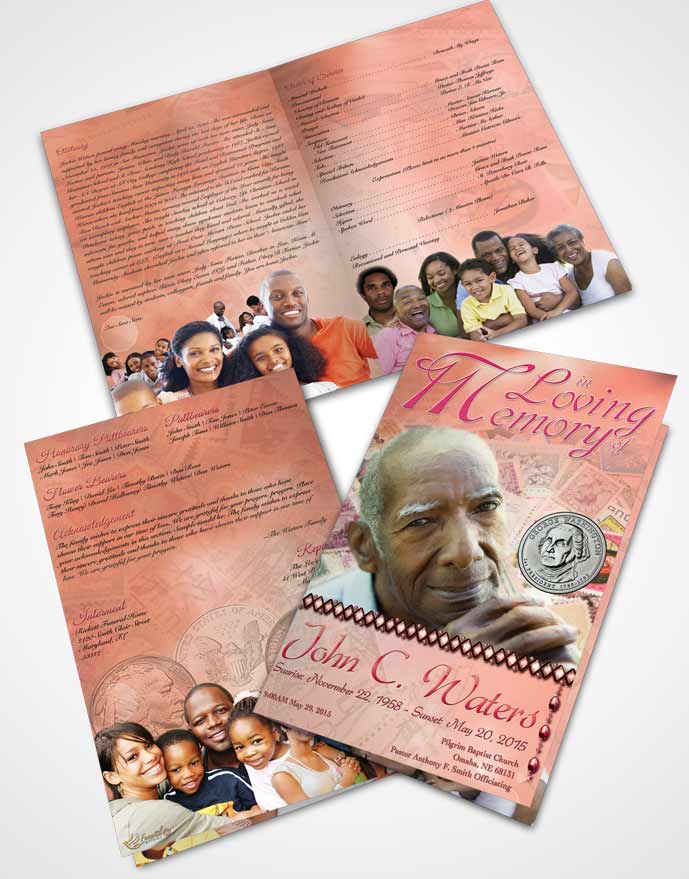 Bifold Order Of Service Obituary Template Brochure Collecting Stamps and Coins Ruby Sunset