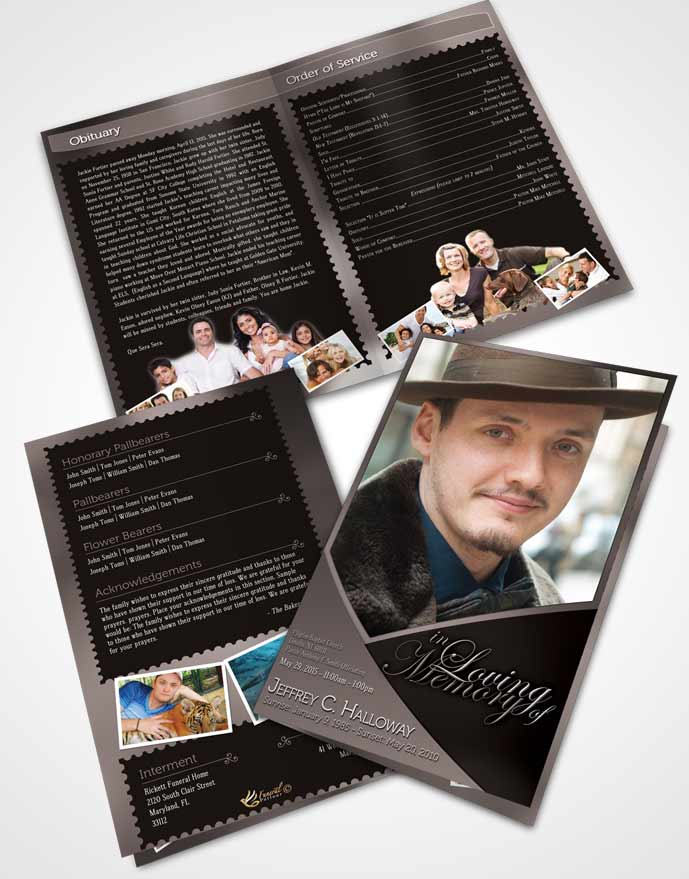 Bifold Order Of Service Obituary Template Brochure Crystal Harmony Black and White Dark