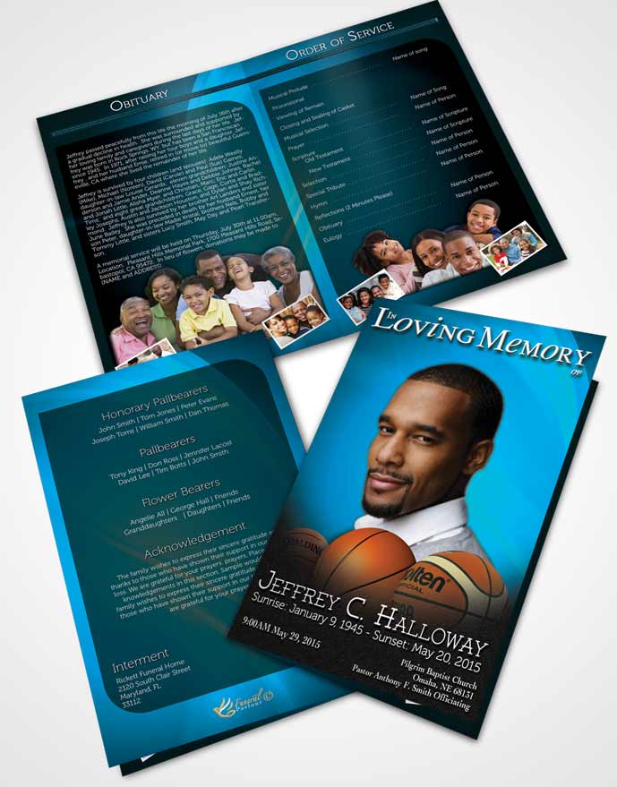 Bifold Order Of Service Obituary Template Brochure Cyan Basketball Lover Dark