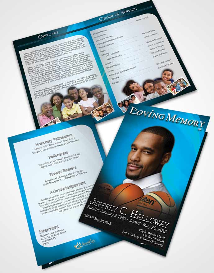 Bifold Order Of Service Obituary Template Brochure Cyan Basketball Lover Light