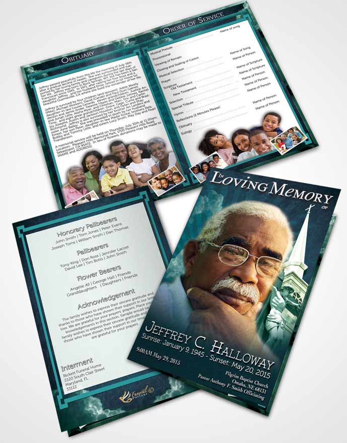 Bifold Order Of Service Obituary Template Brochure Cyan Christian Faith