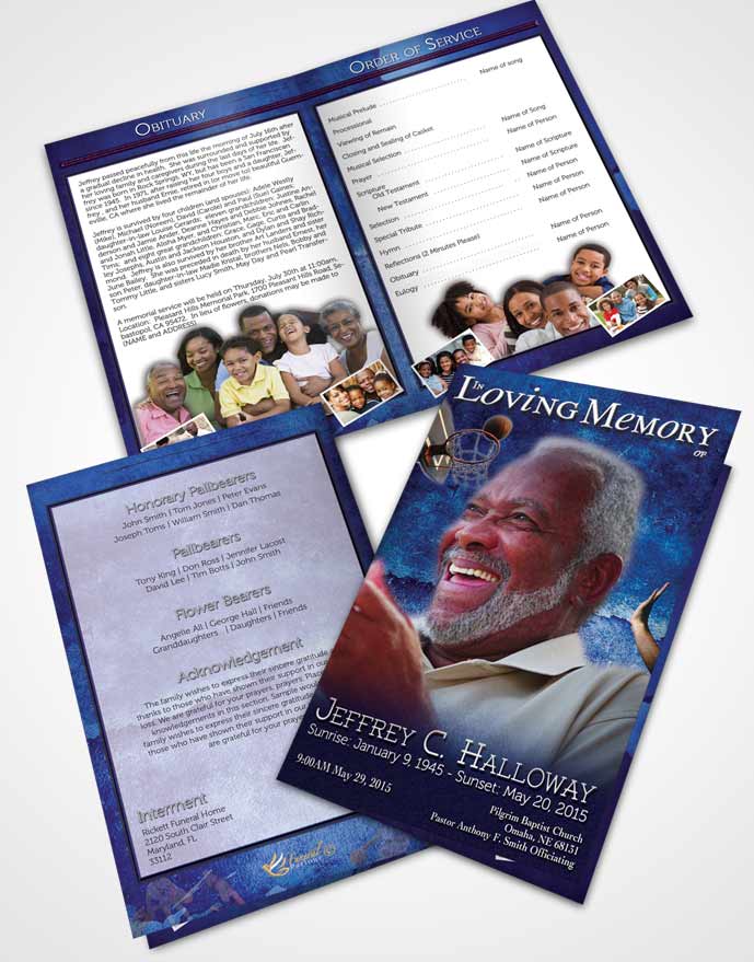 Bifold Order Of Service Obituary Template Brochure Deep Blue Basketball Star