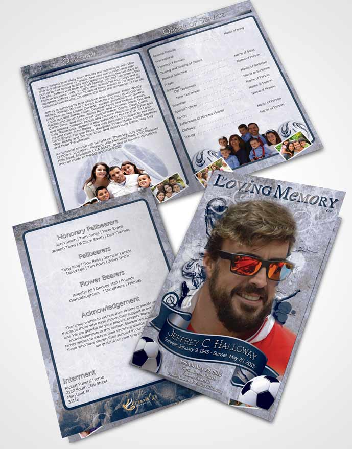 Bifold Order Of Service Obituary Template Brochure Deep Deep Blue Ocean Soccer Superstar