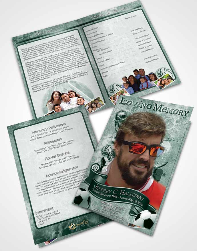 Bifold Order Of Service Obituary Template Brochure Deep Emerald Sky Soccer Superstar