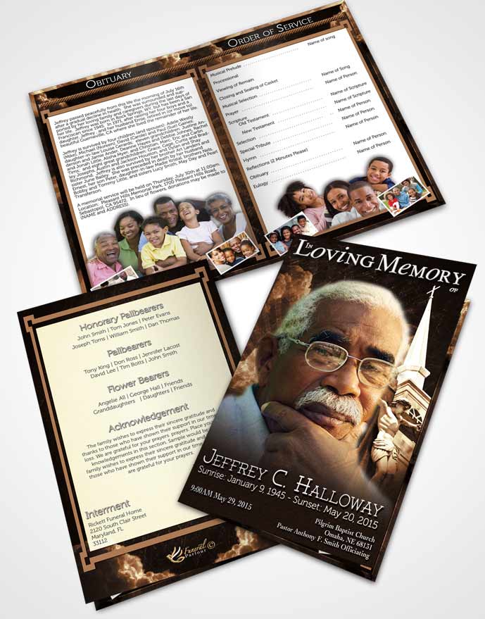 Bifold Order Of Service Obituary Template Brochure Deep Gold Christian Faith