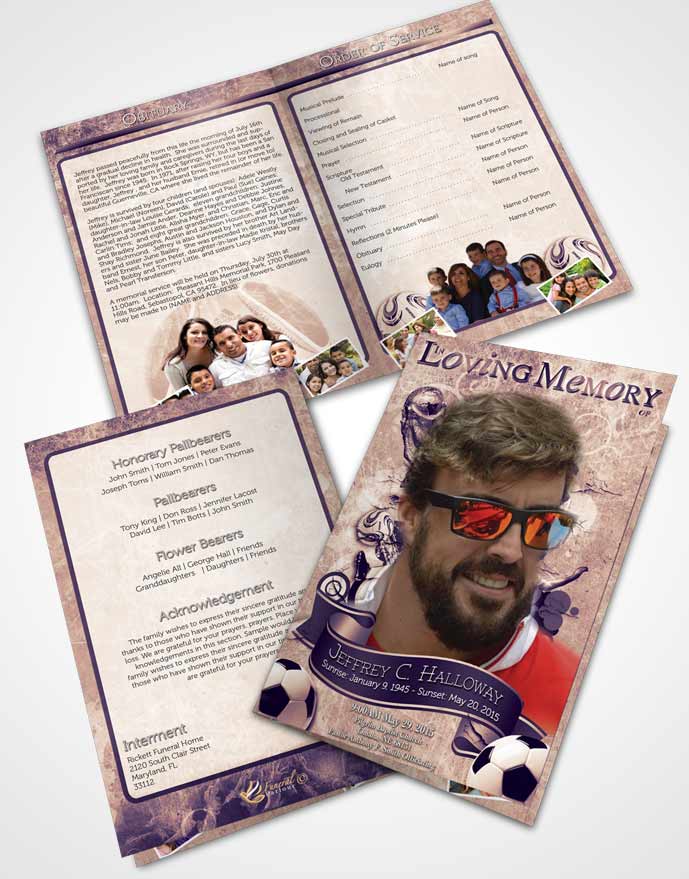 Bifold Order Of Service Obituary Template Brochure Deep Lavender Bliss Soccer Superstar