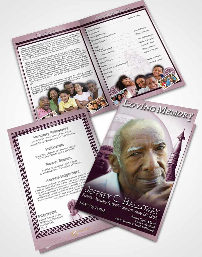 Bifold Order Of Service Obituary Template Brochure Deep Lavender Buddhist Faith
