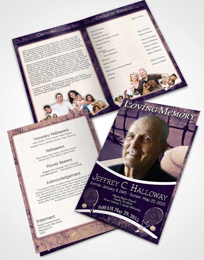Bifold Order Of Service Obituary Template Brochure Deep Lavender Tennis Star