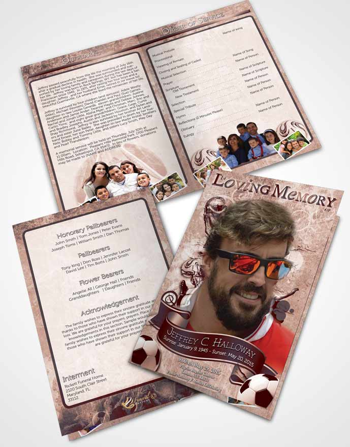 Bifold Order Of Service Obituary Template Brochure Deep Ruby Dreams Soccer Superstar