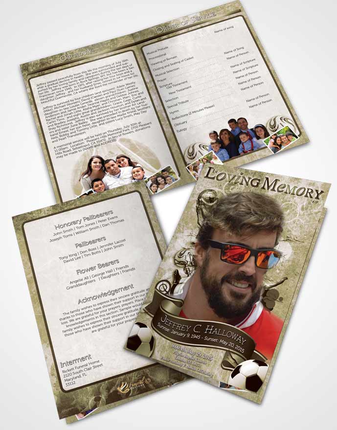 Bifold Order Of Service Obituary Template Brochure Deep Soft Serenity Soccer Superstar