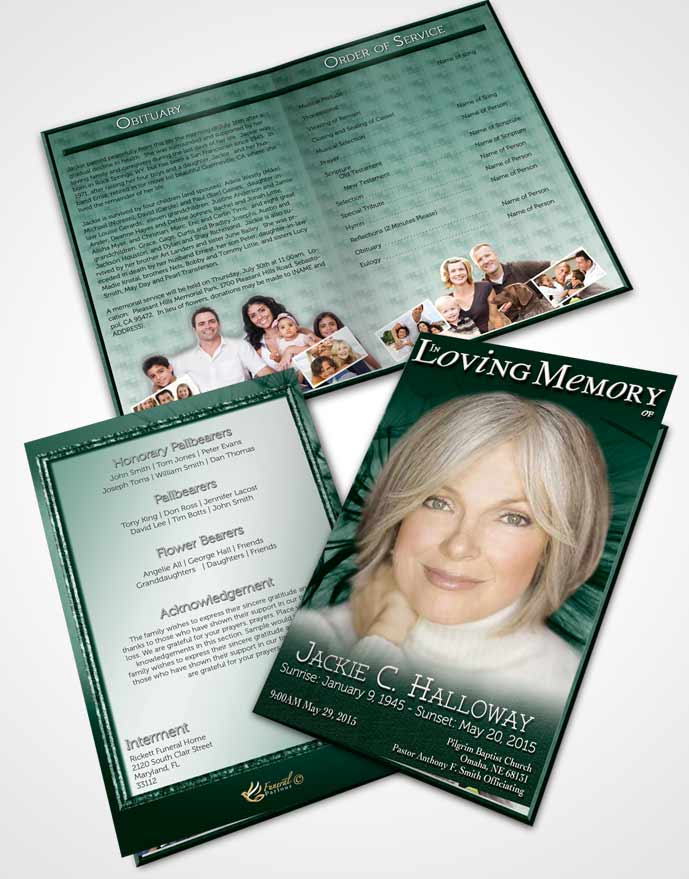 Bifold Order Of Service Obituary Template Brochure Emerald Dandelion Heaven