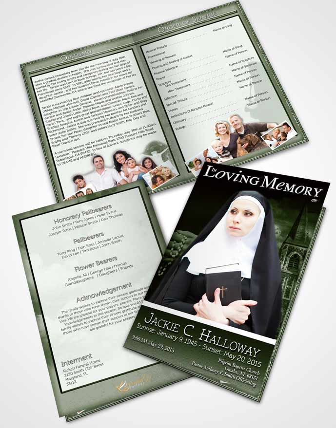 Bifold Order Of Service Obituary Template Brochure Emerald Heavenly Nun